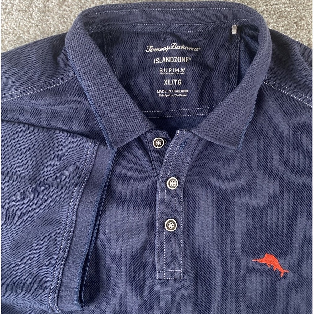 Tommy Bahama Island Zone Supima Performance Blue Polo Shirt Mens XL Red Dolphin